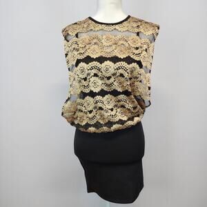 Vtg Y2K Gold Lace Banded Mini Dress Bodycon Sleeveless Deco Evening Glam Small